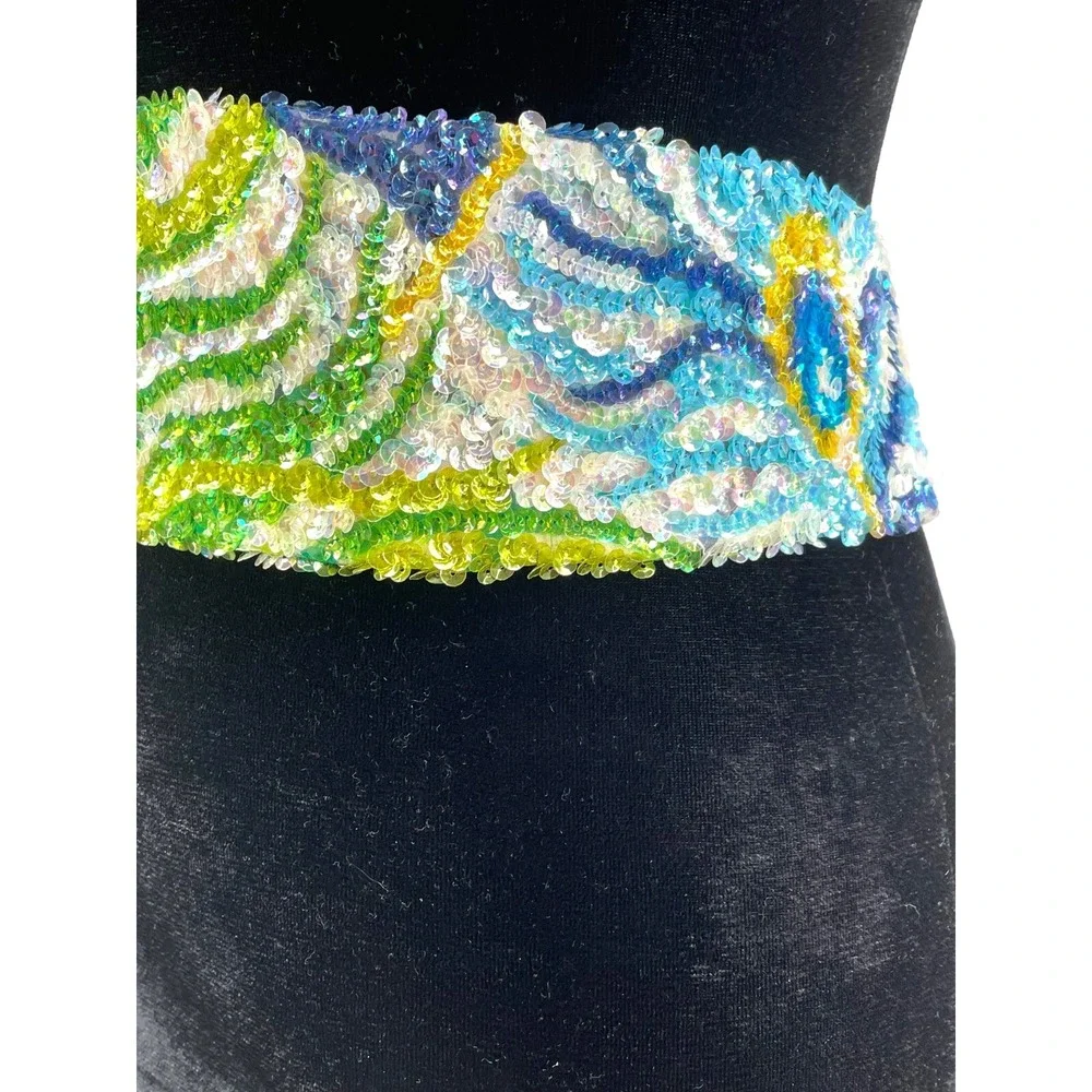 Vintage La Mendola Peacock Retro Hand Beaded Green Pure Silk Chiffon Belt